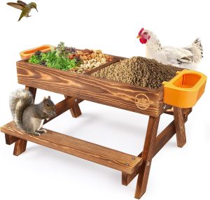 Chicken Picnic Table, Chicken Feeder No Waste Handmade Carbonized Wooden, Large DIY Chicken Feeder Kit, Wild Bird, Duck & Squirrel Feeders, Mesh Bottom Keep Food Fresh and Dry Easy to Clean and Fill