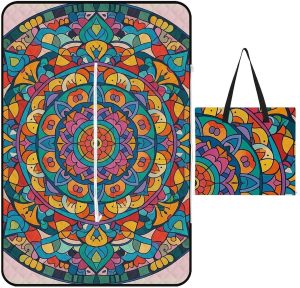 Circular Mandala Picnic Blanket with Zippered Tote Bag, Waterproof Portable Outdoor Blanket, Lightweight Foldable Outdoor Mat for Beach, Camping, Park, 150x100cm