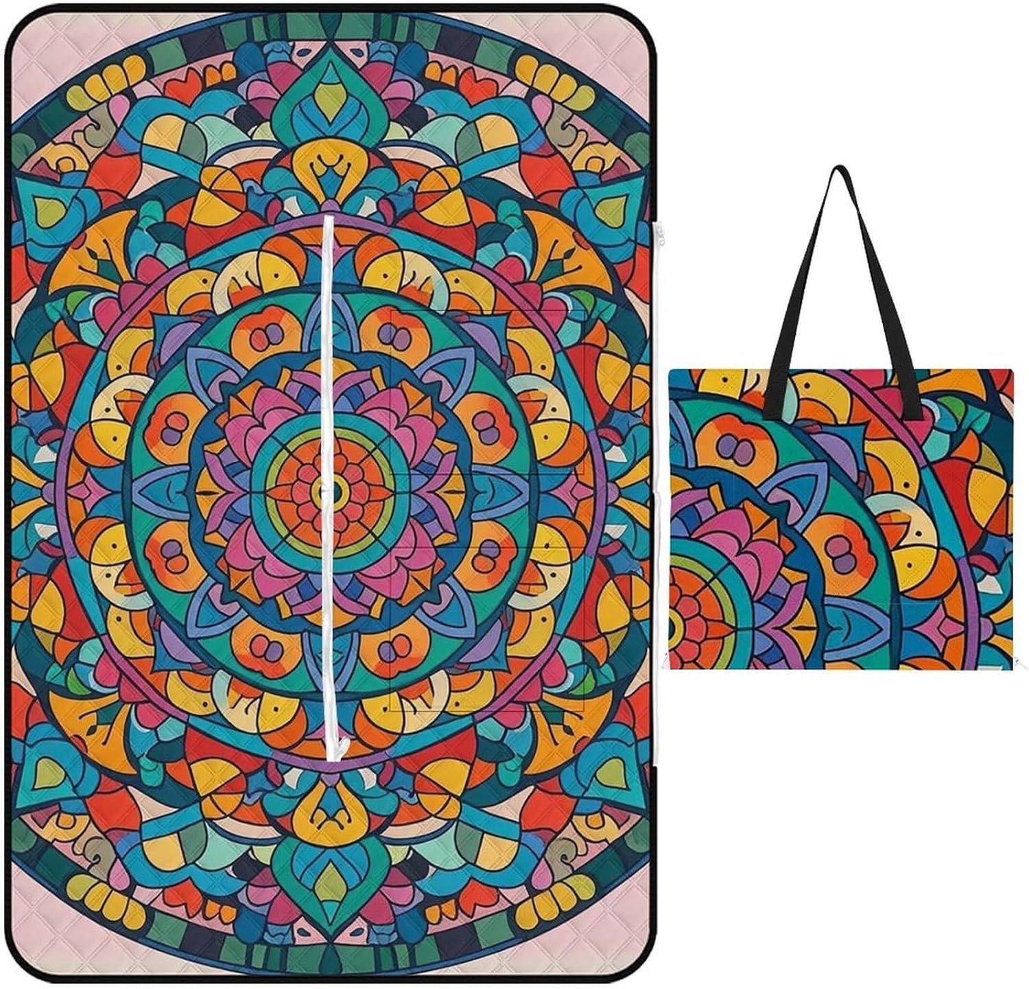 Circular Mandala Picnic Blanket with Zippered Tote Bag, Waterproof Portable Outdoor Blanket, Lightweight Foldable Outdoor Mat for Beach, Camping, Park, 150x100cm