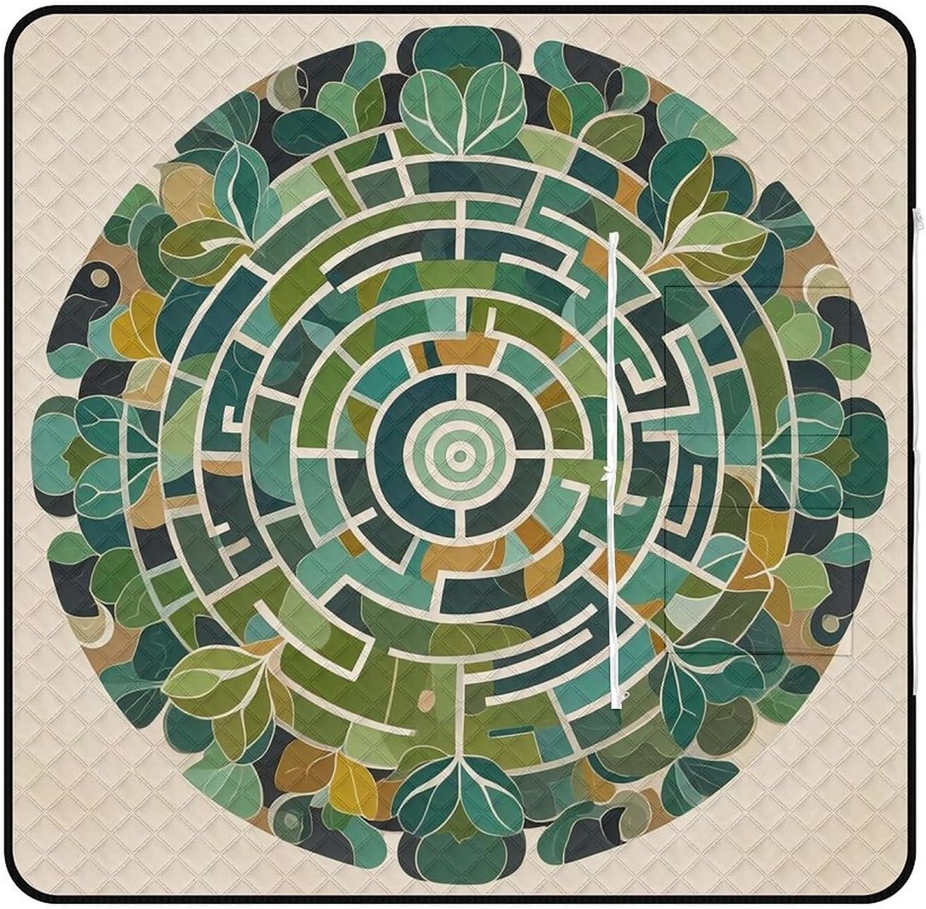 Circular Maze Picnic Blanket with Zippered Tote Bag, Waterproof Portable Outdoor Blanket, Lightweight Foldable Outdoor Mat for Beach, Camping, Park, 150x150cm