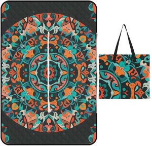 Circular and Eastern Patterns Picnic Blanket with Zippered Tote Bag, Waterproof Portable Outdoor Blanket, Lightweight Foldable Outdoor Mat for Beach, Camping, Park, 150x100cm