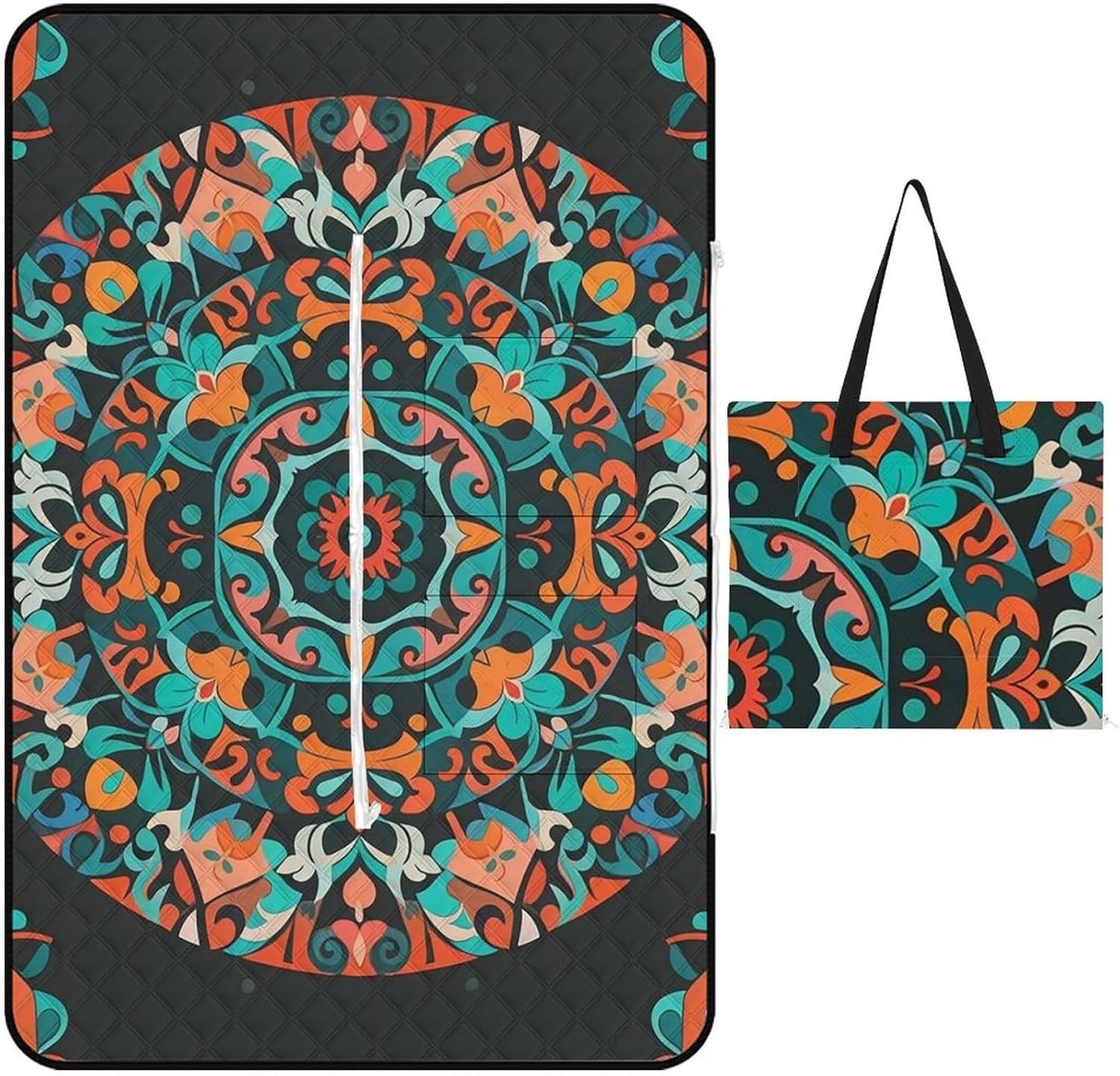 Circular and Eastern Patterns Picnic Blanket with Zippered Tote Bag, Waterproof Portable Outdoor Blanket, Lightweight Foldable Outdoor Mat for Beach, Camping, Park, 150x100cm