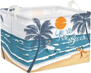 Clastyle Tropical Beach Camping Picnic Basket Blue Coconut Tree Gift Storage Bin Sun Sea Towel Blanket Book Shelf Basket Large Rectangle Clothes Toy Kid Basket