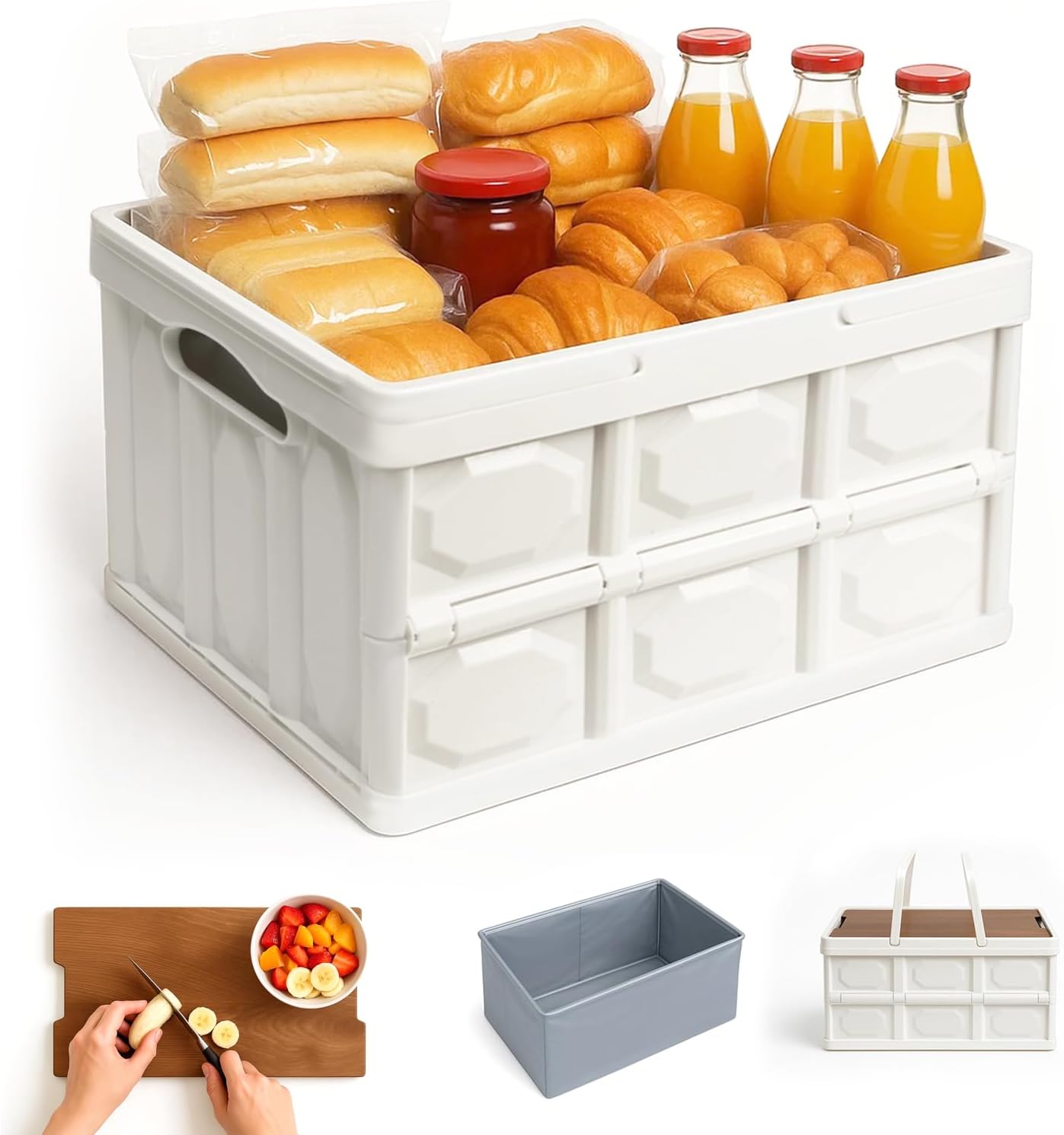 Collapsible Picnic Basket Set for 2 – Insulated Plastic Picnic Basket with Waterproof Bag & Wooden Lid, Large Capacity Stackable Storage Bin for Outdoor, Camping, Picnics, Home Organizing