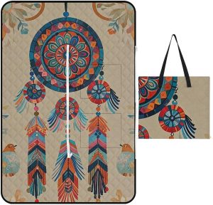 Colorful Retro Tribe Dream Catcher Picnic Blanket with Zippered Tote Bag, Waterproof Portable Outdoor Blanket, Lightweight Foldable Outdoor Mat for Beach, Camping, Park, 150x100cm