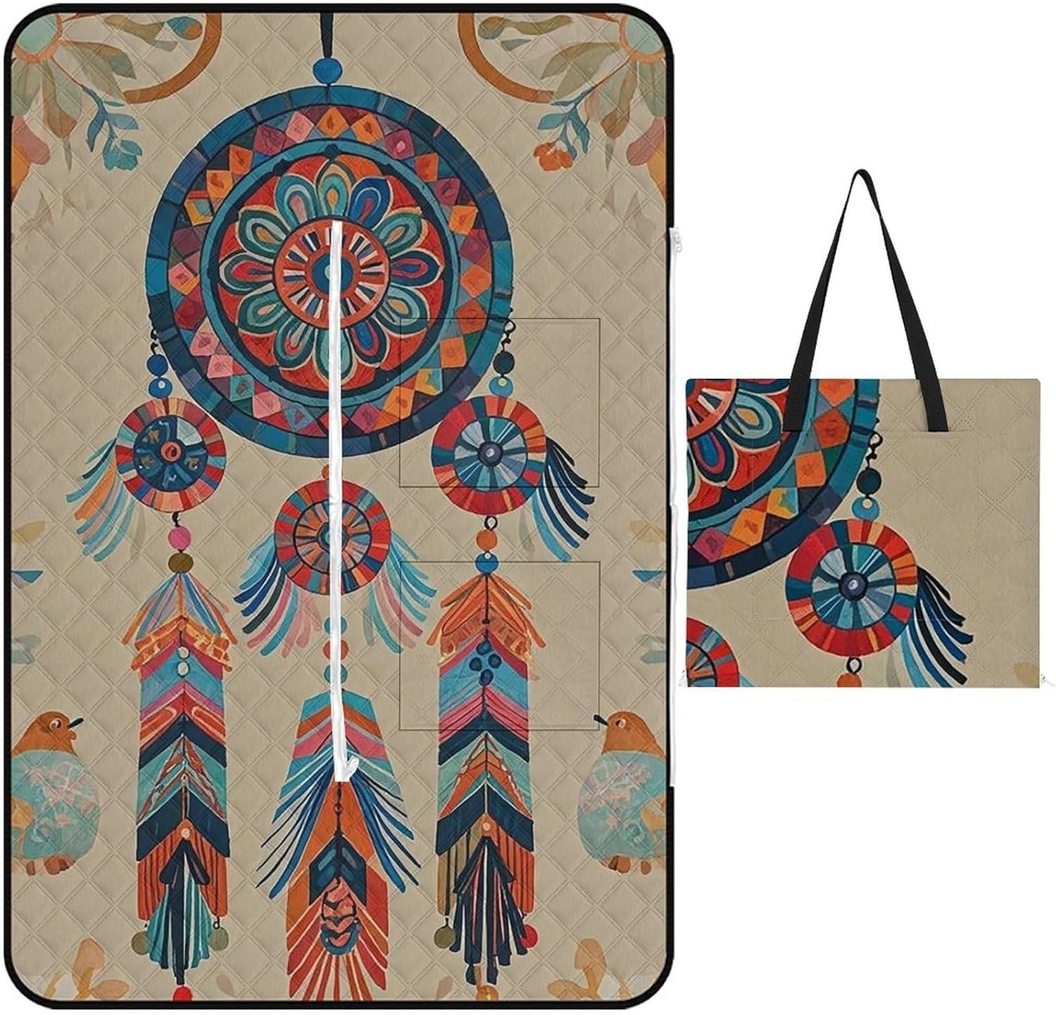 Colorful Retro Tribe Dream Catcher Picnic Blanket with Zippered Tote Bag, Waterproof Portable Outdoor Blanket, Lightweight Foldable Outdoor Mat for Beach, Camping, Park, 150x100cm