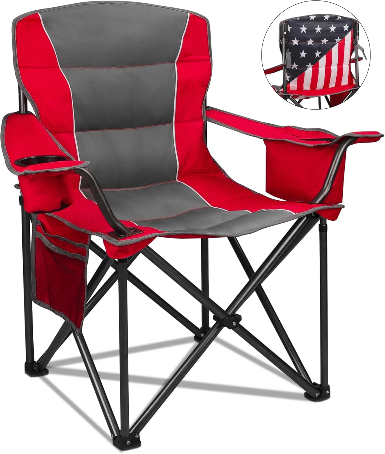 Colorsoul Heavy Duty Folding Camping Chair, Outdoor Oversized Camping Chair w/Cup Holder & Cooler Bag, Portable Padded Lawn Chair for Beach Picnic Sports, U.S. Flag(Red)