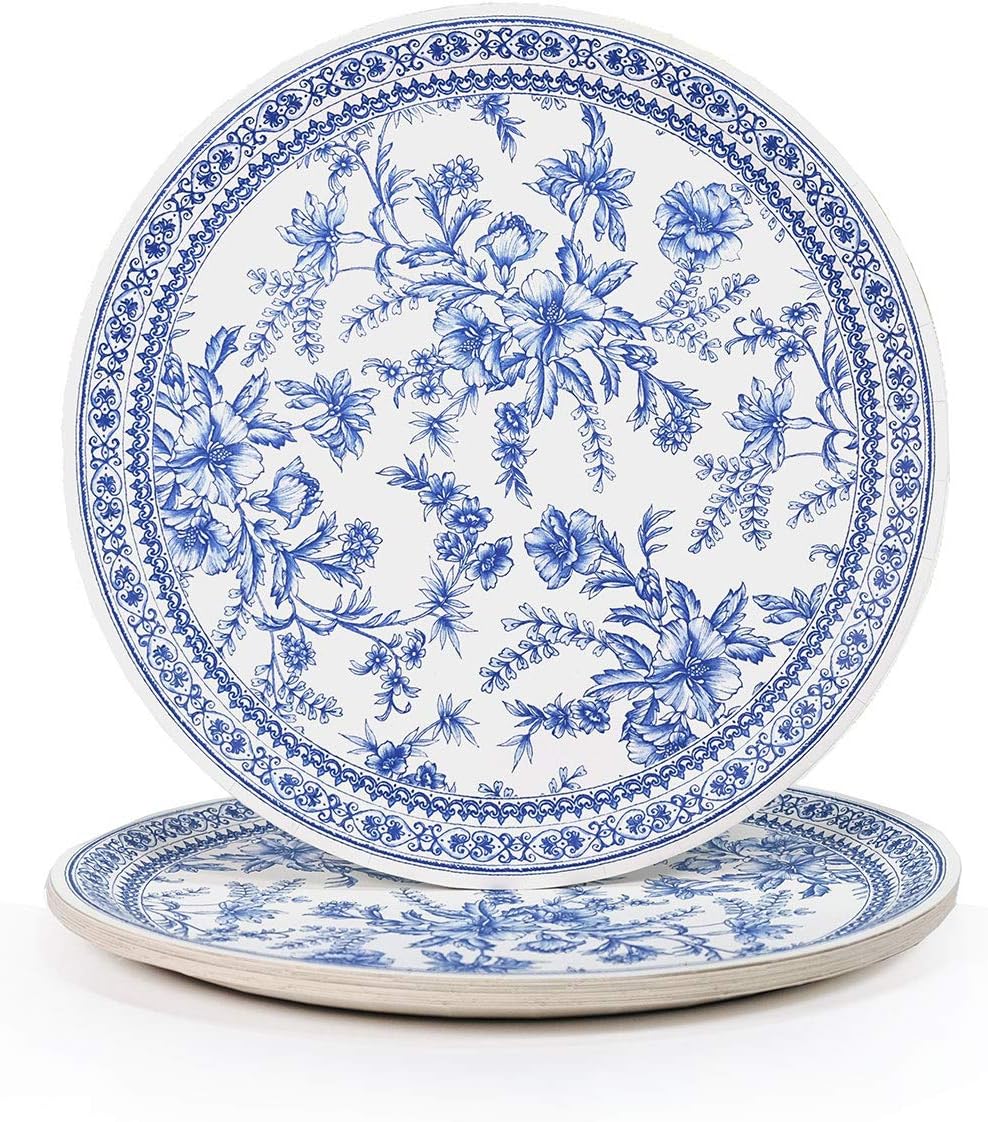 Coterie Decorative Paper Plates (Set of 10 Large Plates) - Blue Floral and White for Bridal/Baby Shower and More - Tea Party Supplies | 9.25” Fancy Plates