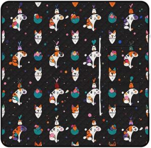 Cute Cartoon Cat Picnic Blanket with Zippered Tote Bag, Waterproof Portable Outdoor Blanket, Lightweight Foldable Outdoor Mat for Beach, Camping, Park, 150x150cm