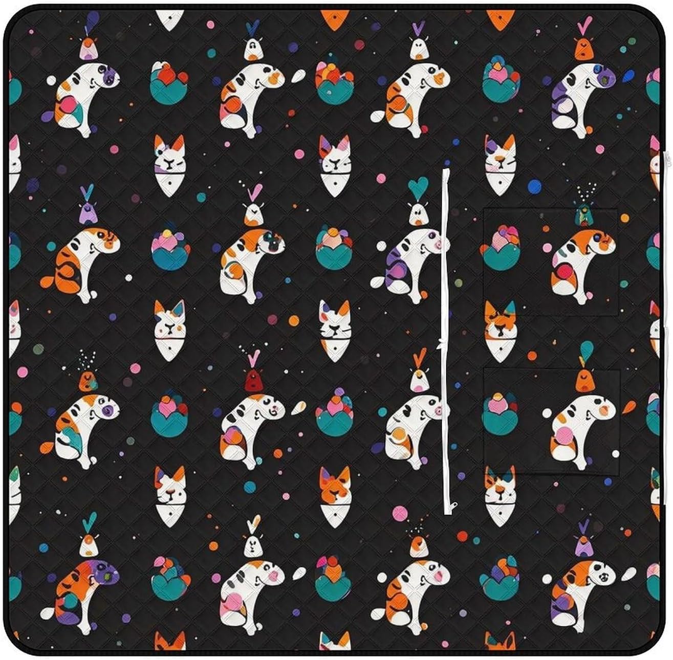 Cute Cartoon Cat Picnic Blanket with Zippered Tote Bag, Waterproof Portable Outdoor Blanket, Lightweight Foldable Outdoor Mat for Beach, Camping, Park, 150x150cm