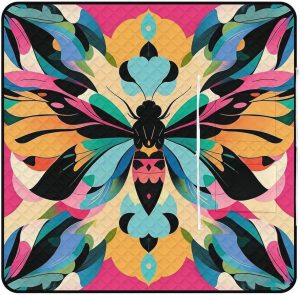 Cute and Colorful Moths Picnic Blanket with Zippered Tote Bag, Waterproof Portable Outdoor Blanket, Lightweight Foldable Outdoor Mat for Beach, Camping, Park, 150x150cm