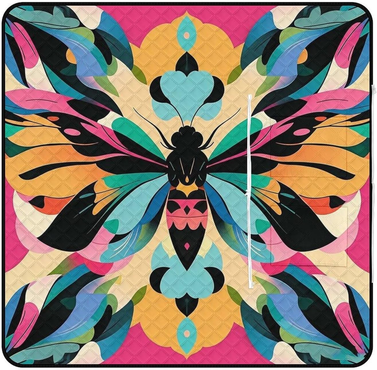 Cute and Colorful Moths Picnic Blanket with Zippered Tote Bag, Waterproof Portable Outdoor Blanket, Lightweight Foldable Outdoor Mat for Beach, Camping, Park, 150x150cm