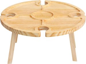 DAUERHAFT Portable Wine Picnic Table, Wooden Foldable Fruit Table, Fruit Cheese Snack Bed Picnic Tray with Glass Holders, for Camping, Beach, Park