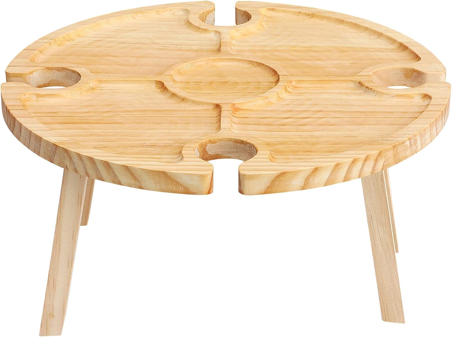 DAUERHAFT Portable Wine Picnic Table, Wooden Foldable Fruit Table, Fruit Cheese Snack Bed Picnic Tray with Glass Holders, for Camping, Beach, Park