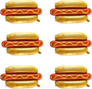 DYT 6PCS Giant Gold Hot Dog Foil Balloons - Reusable Party Balloons for Food Themed BBQ Party Decorations