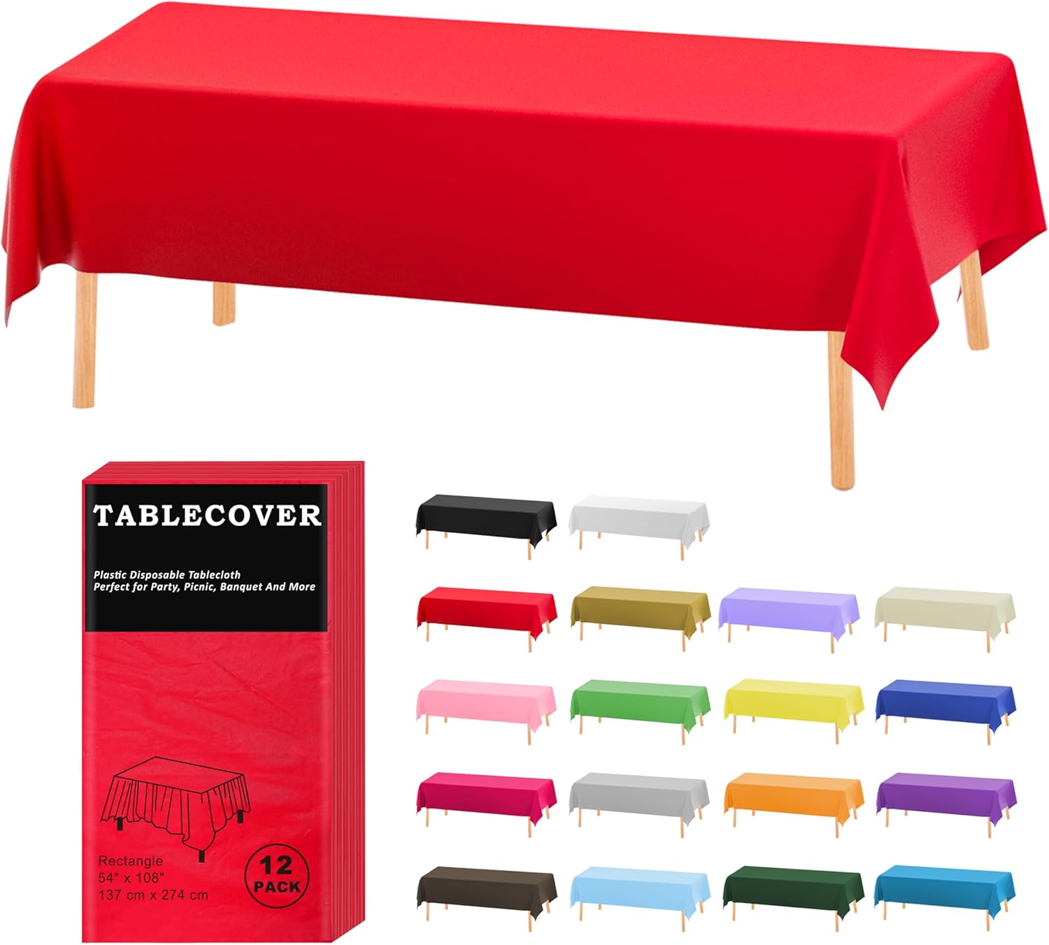 D&Z Plastic Table Cloth Disposable, 12 Pack Red Rectangle Tablecloth Individually Wrapped for Indoor&Outdoor, 54 x 108 Inch Table Cover for Party, Picnic, Birthday, Wedding & Dinner