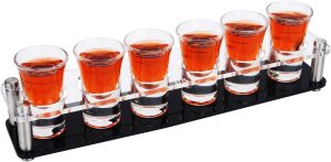 D&Z Shot Glass Holder with 6 Heavy-Base 1 oz (30 ml) Shooter Glasses, Assembled Acrylic Server for Restaurant, Bar, Family Gathering, Tasting Glass for Tequila, Vodka, Whiskey, Beer, Wine, Soju