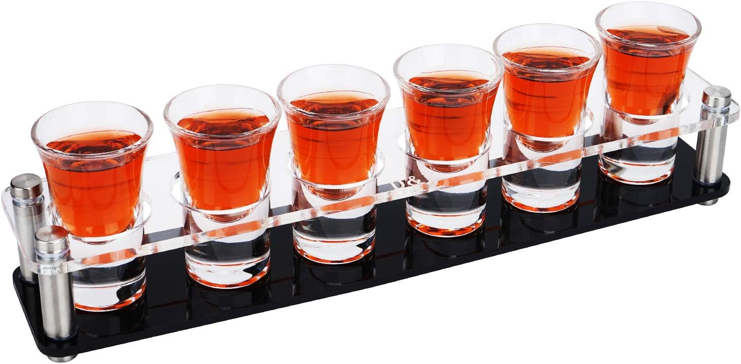 D&Z Shot Glass Holder with 6 Heavy-Base 1 oz (30 ml) Shooter Glasses, Assembled Acrylic Server for Restaurant, Bar, Family Gathering, Tasting Glass for Tequila, Vodka, Whiskey, Beer, Wine, Soju