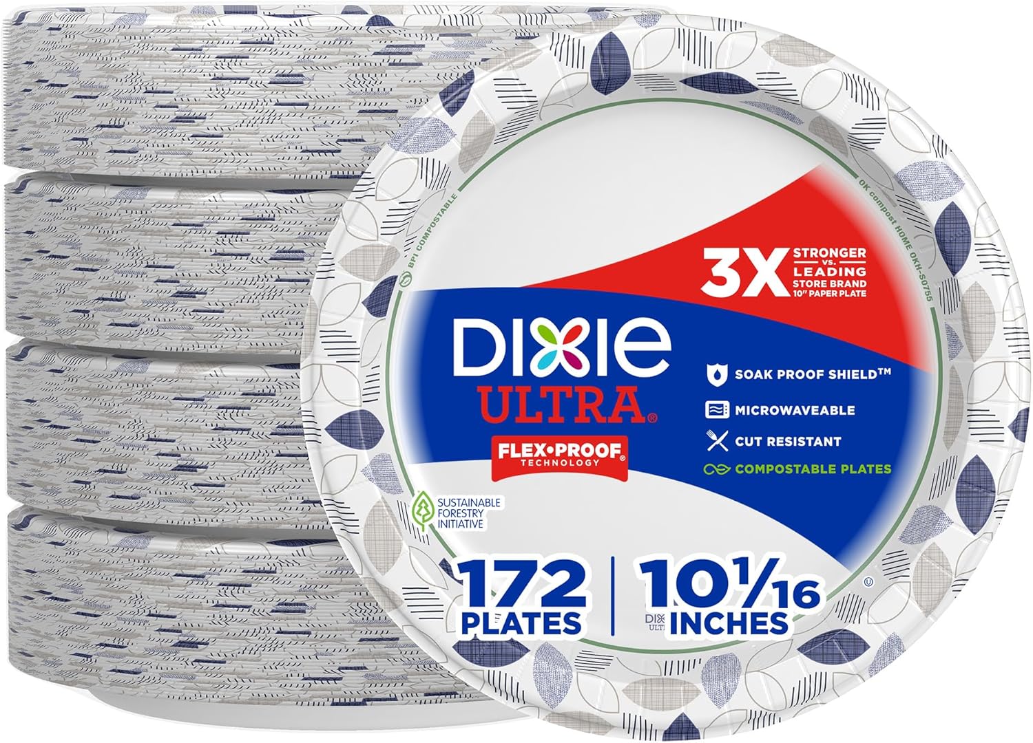 Dixie Ultra, Large Paper Plates, 10 Inch, 172 Count, 3X Stronger*, Heavy Duty, Microwave-Safe, Soak-Proof, Cut Resistant, Disposable Plates For Heavy, Messy Meals