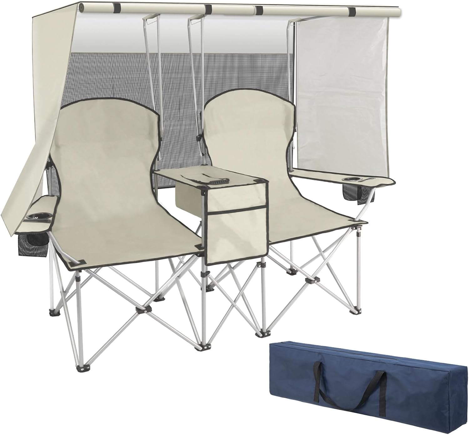 Double Camping Chair with Canopy, Loveseat Camping Chair,Folding Beach Chair with Cup Holder Cooler Bag for Sports Beach Outside(White)