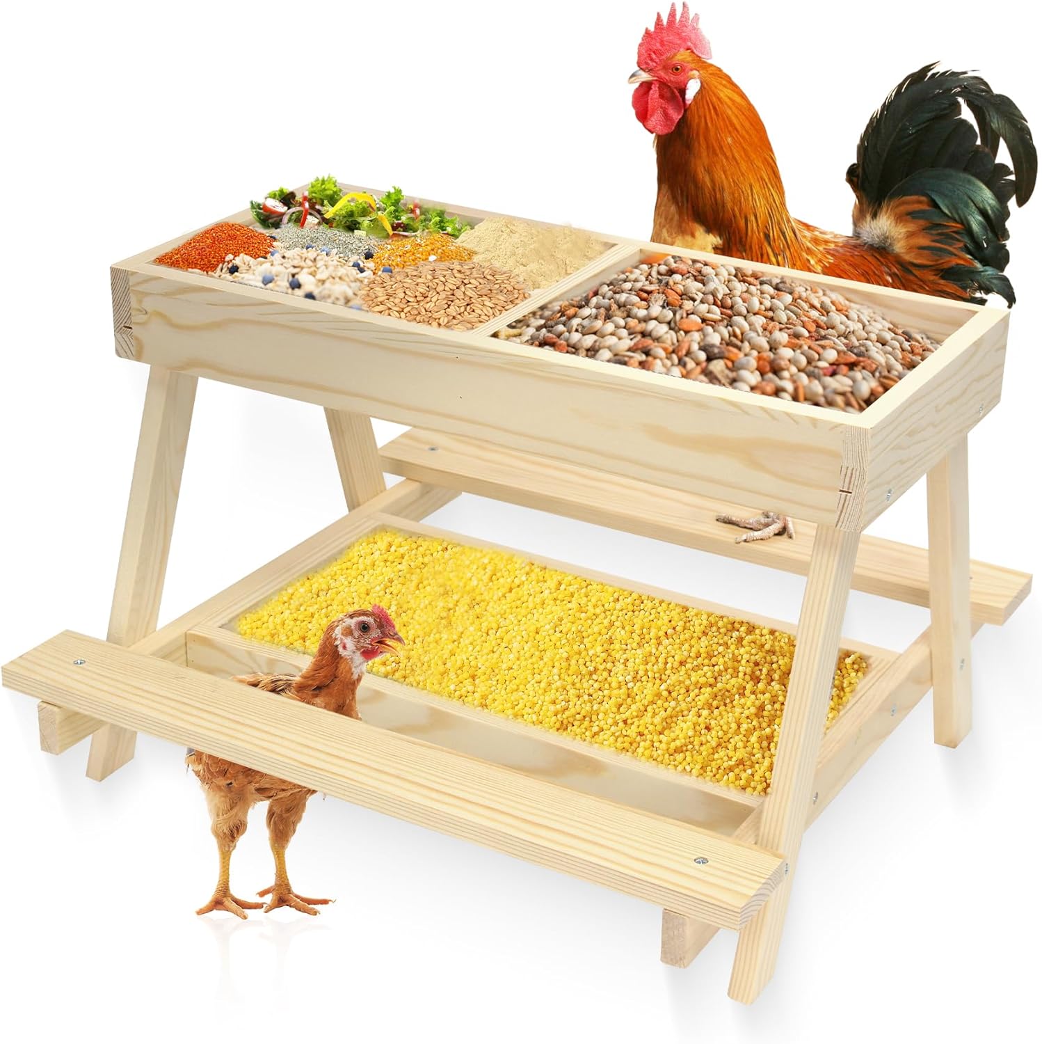 Double Chicken Picnic Table Large Capacity Handmade Wooden Chicken Feeder, Mesh Bottom for Easy Cleanup, Suitable for Chickens, Ducks