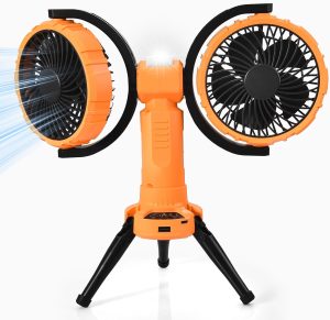 Double Oscillating Fan for Camping With Led Lantern, Rechargeable Multifunctional Camping Tent Fan with Hanging Hook for Outdoor, Tent, Travel, Picnic,Bedroom-Orange Color