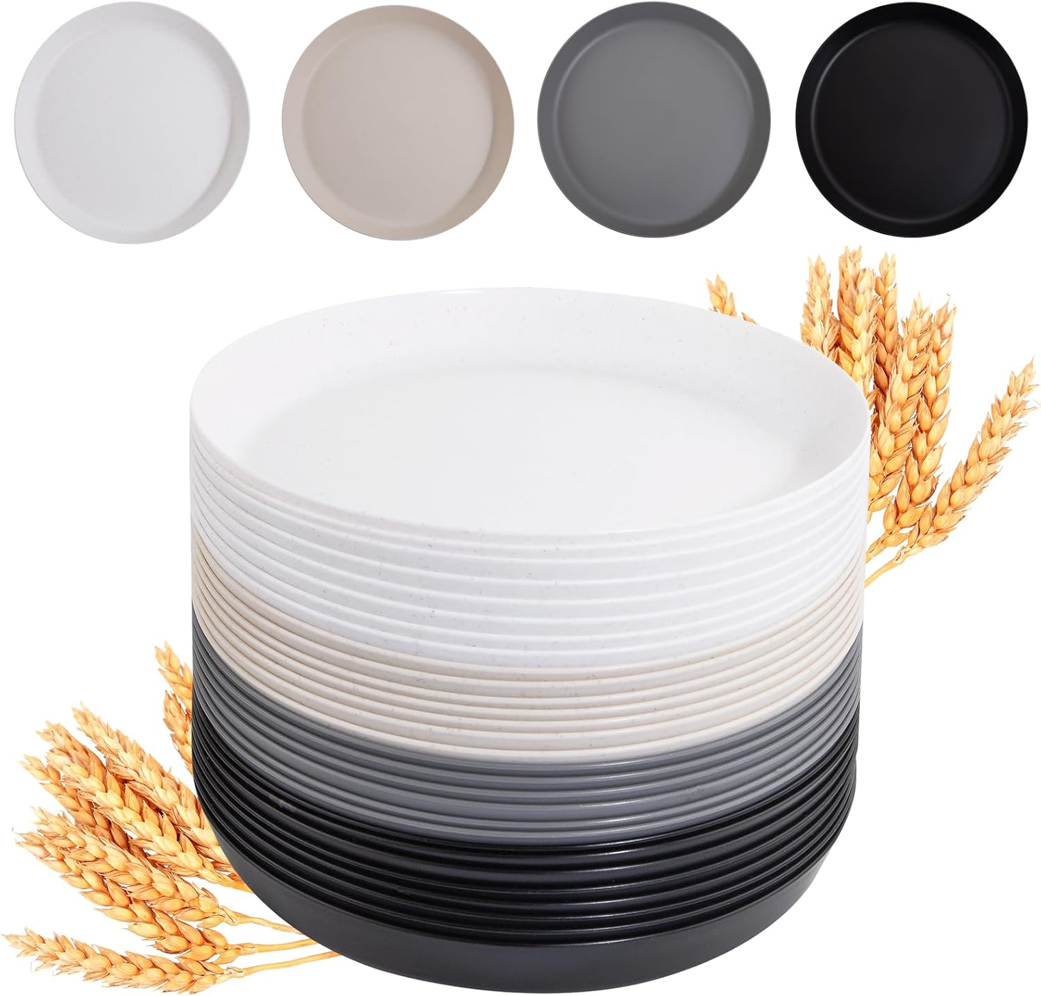 EI 16pcs Wheat Straw Dinner Plate Set - Unbreakable Plastic Dinner Plates, Reusable & Lightweight, Perfect for Halloween, Family Dinners, Picnics & School - Black, White, Dark Grey, Beige