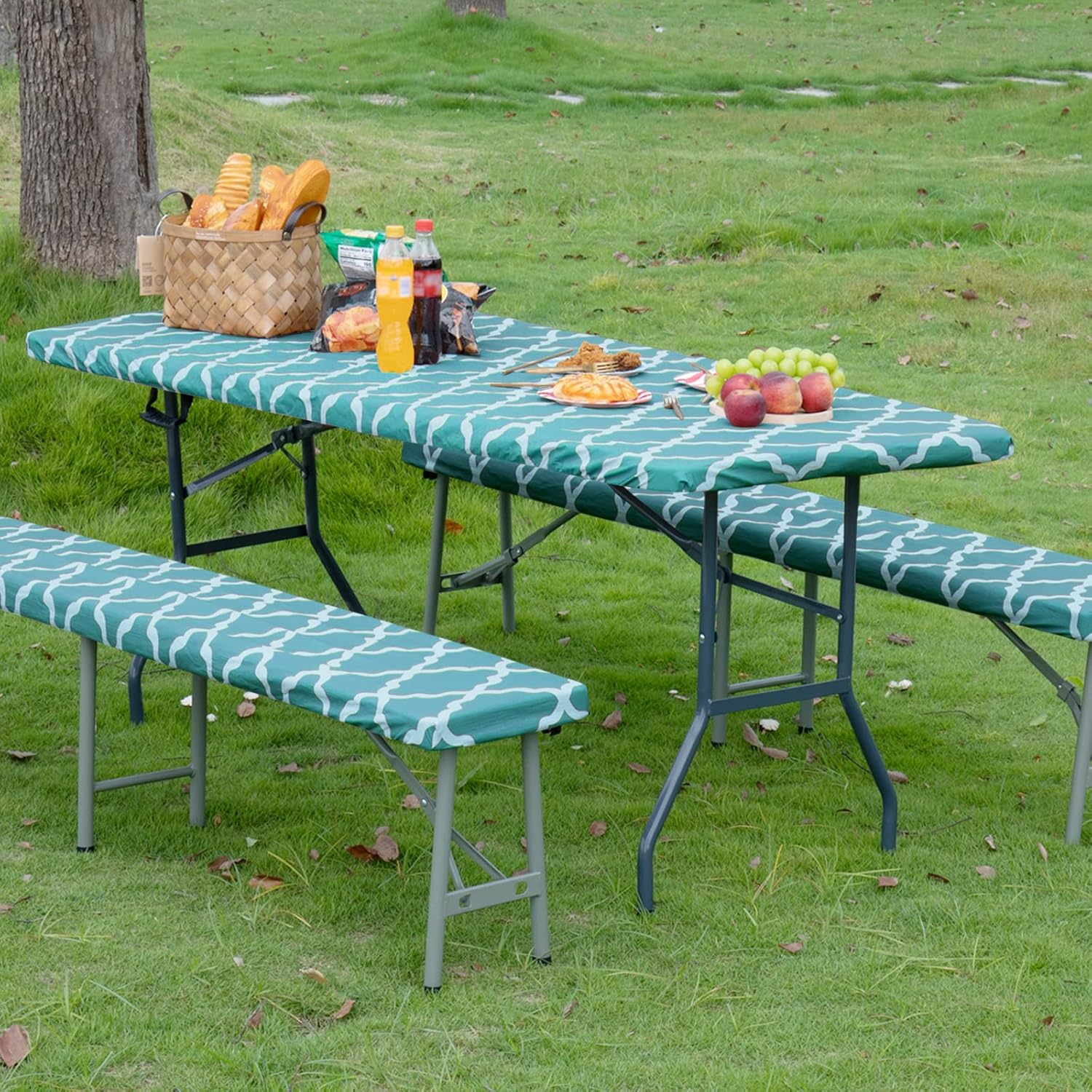 Easy-Going 100% Waterproof Picnic Outdoor Tablecloth with Bench Covers Fit 8 Foot Rectangle Table, 3-Piece Set Camping Table Cover with Seat Covers (30x96 in, Moroccan/Teal & White)
