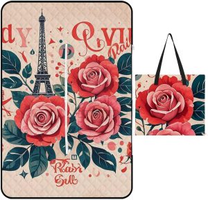Eiffel Tower Picnic Blanket with Zippered Tote Bag, Waterproof Portable Outdoor Blanket, Lightweight Foldable Outdoor Mat for Beach, Camping, Park, 150x100cm