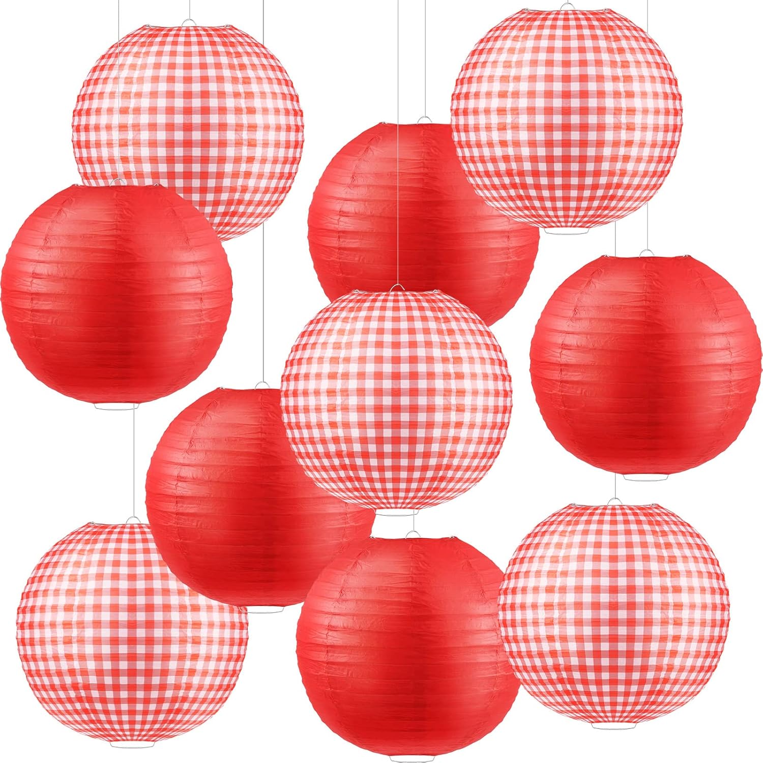 Elcoho 10 Pieces Picnic Party Decorations Round Hanging Lanterns for Summer Barbecue Birthdays Holidays - Pure Red and White Plaid