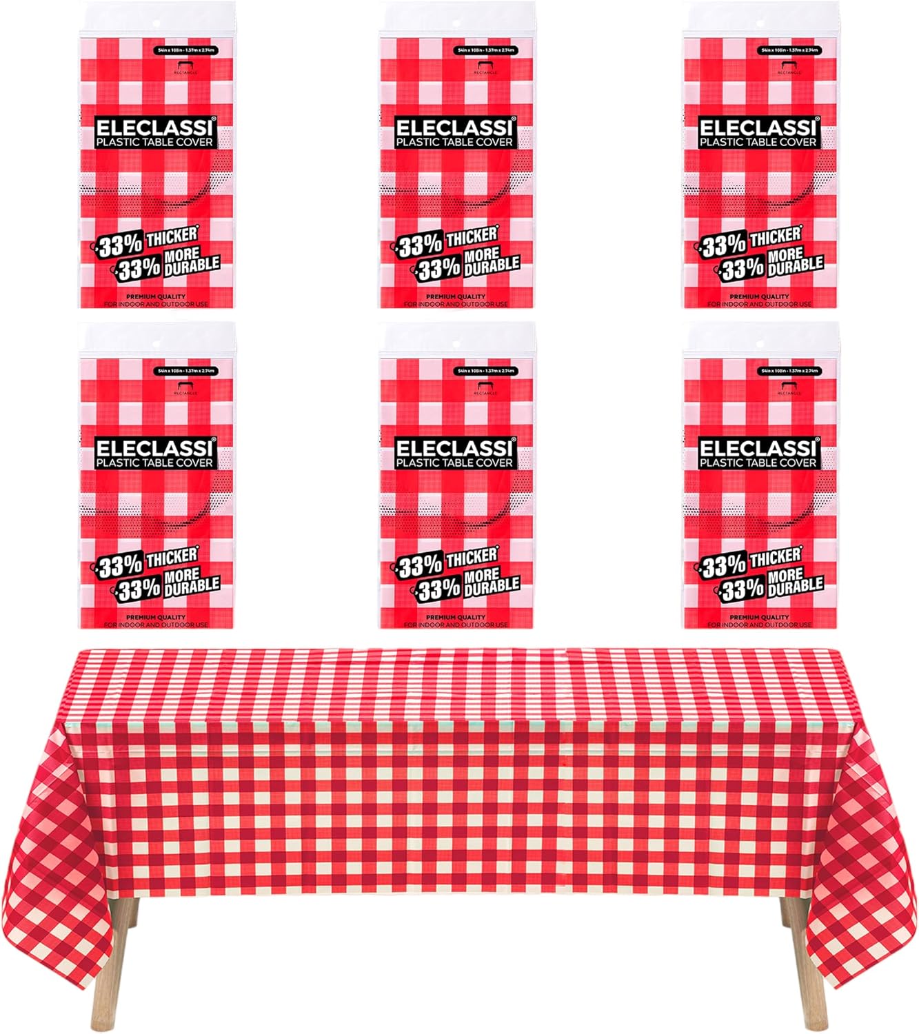 Eleclassi Red Gingham Checkered 6 Pack Premium Disposable Plastic Tablecloth 54 x 108 in - Plastic Table Cloth Disposable Tablecloth for Rectangle Table Up to 8 Feet