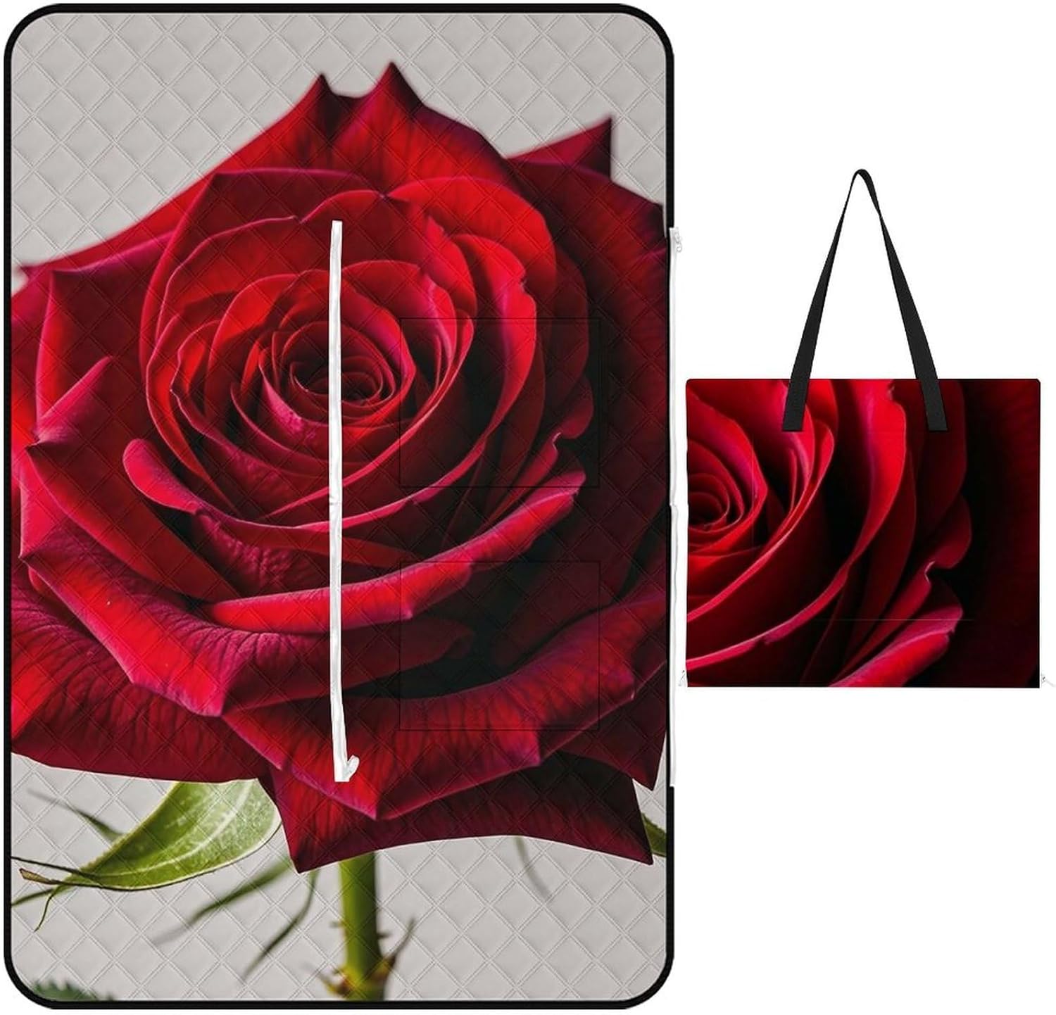Elegant Red Rose Picnic Blanket with Zippered Tote Bag, Waterproof Portable Outdoor Blanket, Lightweight Foldable Outdoor Mat for Beach, Camping, Park, 150x100cm