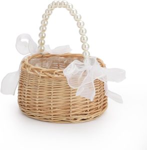 Elegant Wedding Flower Girl Basket with Pearl Handle and Ribbon Bow, Bowknot Satin Flower Basket for wedding, Rustic Handwoven Wicker Flower Basket, Versatile Picnic Baske t for Outdoor (2PCS)
