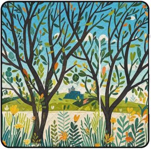 Exotic Tree Branch Sketch Cartoon Picnic Blanket with Zippered Tote Bag, Waterproof Portable Outdoor Blanket, Lightweight Foldable Outdoor Mat for Beach, Camping, Park, 150x150cm