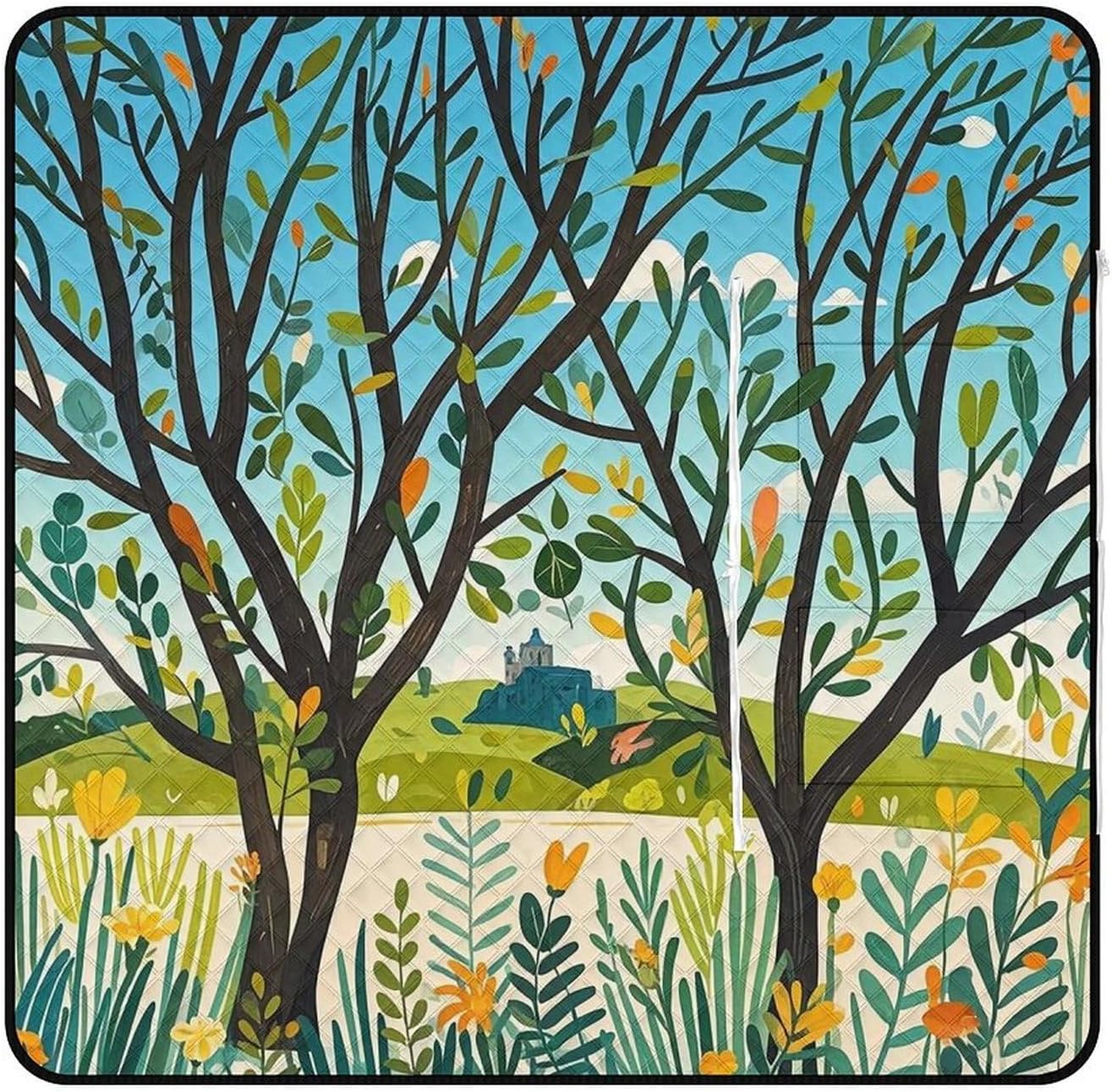 Exotic Tree Branch Sketch Cartoon Picnic Blanket with Zippered Tote Bag, Waterproof Portable Outdoor Blanket, Lightweight Foldable Outdoor Mat for Beach, Camping, Park, 150x150cm