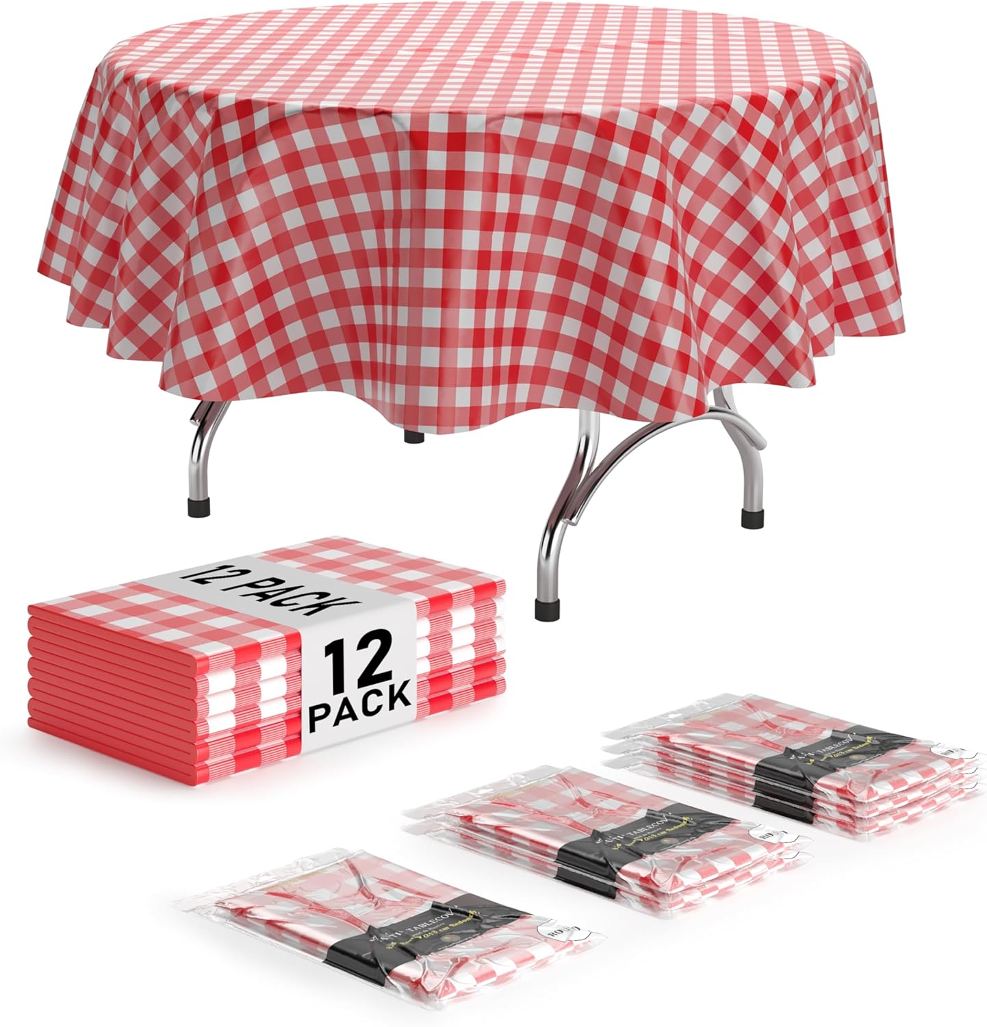 Exquisite Picnic Table Cover - 12 Pack Premium Round Tablecloth - Red & White Checkered BBQ Plastic Table Cover - Gingham Checkerboard Disposable Plastic Tablecloth 84 inch. Round