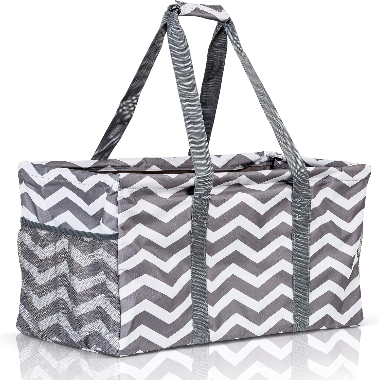 Extra Large Utility Tote Bag - Oversized Collapsible Reusable Wire Frame Rectangular Canvas Basket With Two Exterior Pockets For Beach, Pool, Laundry, Car Trunk, Storage - Chevron Gray
