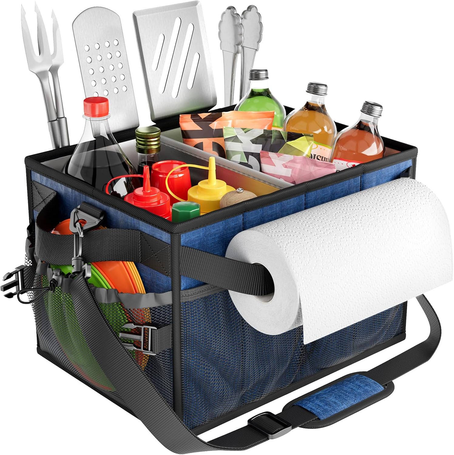 FANGSUN Large Grill and Picnic Caddy with Paper Towel Holder, BBQ Organizer for Utensil, Plate, Condiment, Collapsible & Easy Carry Griddle Caddy, Must Haves for Outdoor, Camper, Travel, Car, RV