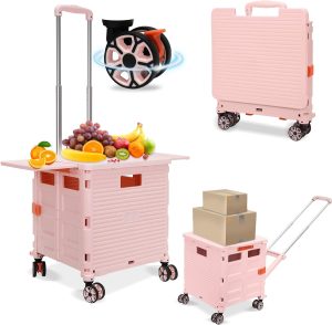 FELICON SELORSS Folding Utility Cart Rolling Crate Tote Basket Box Storage Handcart on 4 Swivel Wheels with Adjustable Handle Extended Magnetic Lid for Teacher Move Shop Travel Grocery Office(Pink)