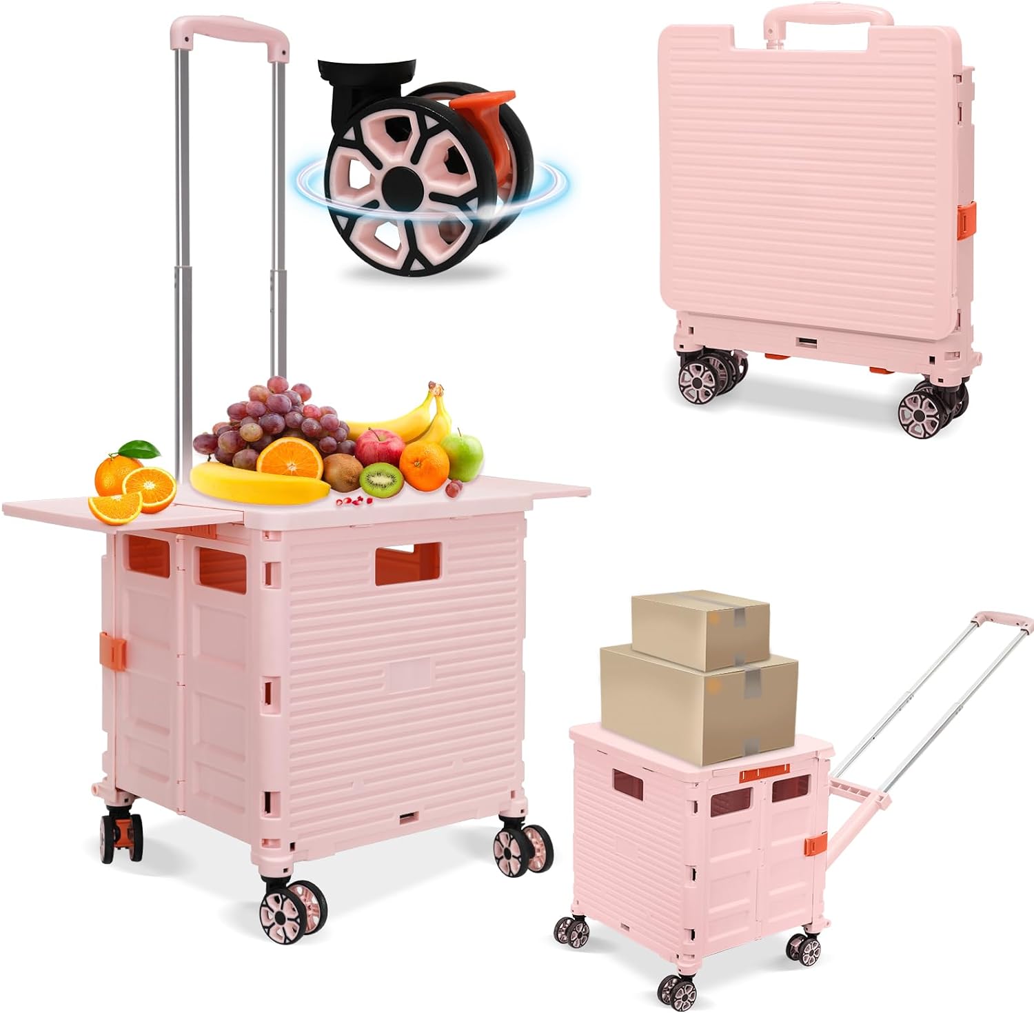 FELICON SELORSS Folding Utility Cart Rolling Crate Tote Basket Box Storage Handcart on 4 Swivel Wheels with Adjustable Handle Extended Magnetic Lid for Teacher Move Shop Travel Grocery Office(Pink)