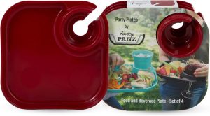 Fancy Panz Party Plates, Reusable Plates for Parties, Made in the USA Plastic Plate with Built In Cup Holder, Camping, Picnic Accessories, Pack of 4, Red