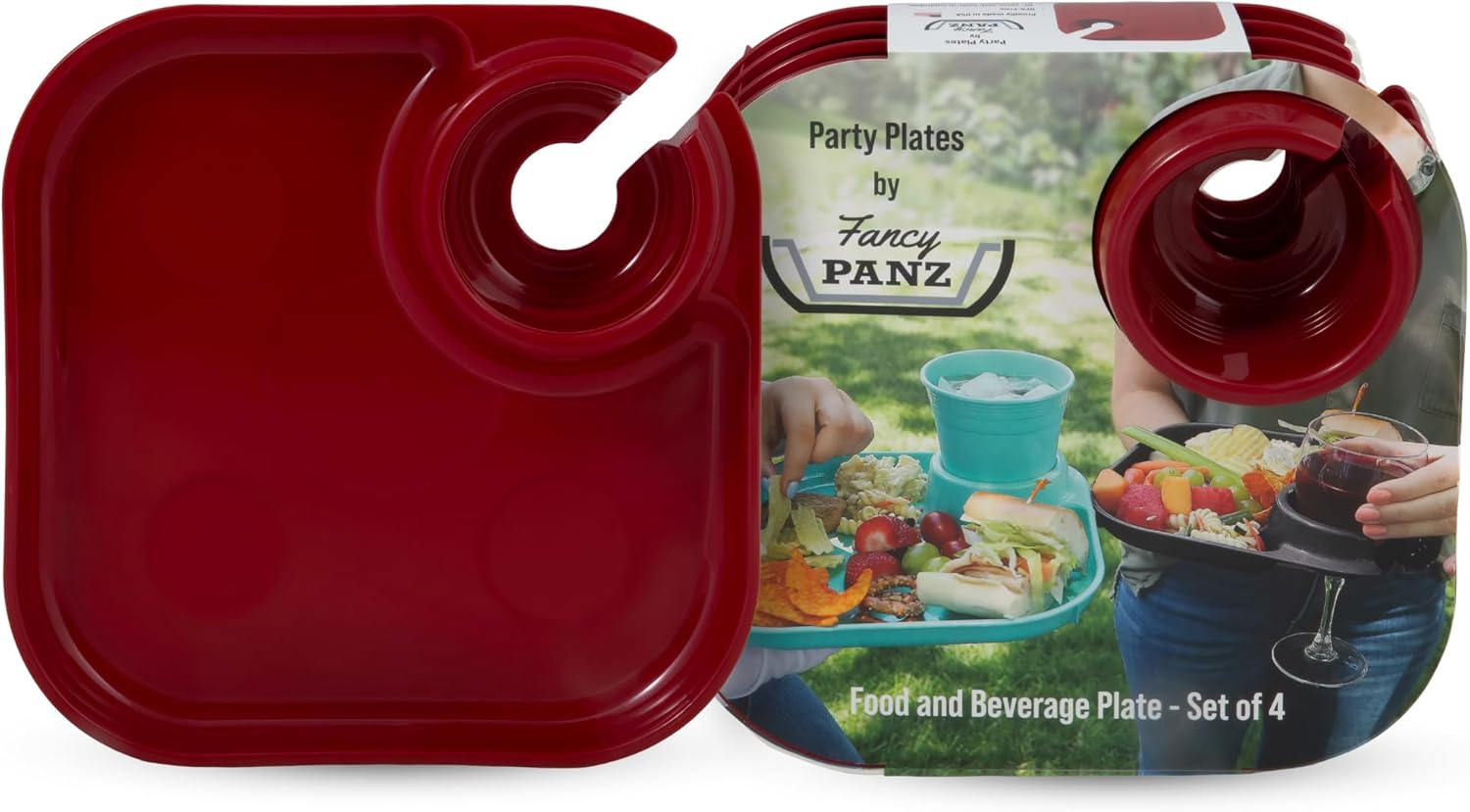 Fancy Panz Party Plates, Reusable Plates for Parties, Made in the USA Plastic Plate with Built In Cup Holder, Camping, Picnic Accessories, Pack of 4, Red