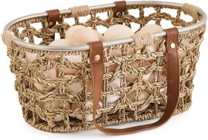 Farmhouse Seagrass Egg Baskets for Collecting Fresh Eggs Handmade Wicker Egg Collecting Basket Oval Storage Basket with Handle Wicker Picnic Basket Harvest Basket Bin
