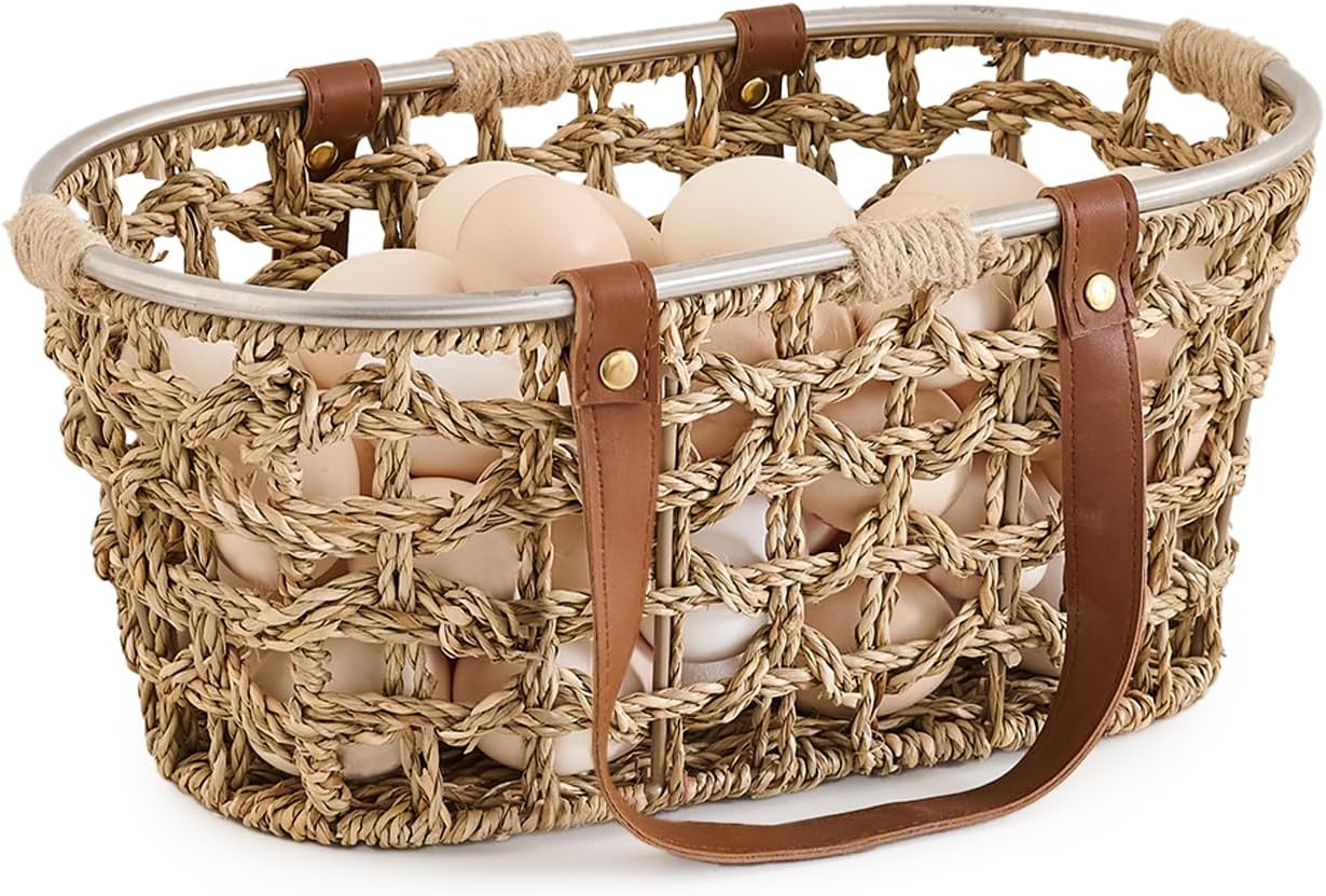 Farmhouse Seagrass Egg Baskets for Collecting Fresh Eggs Handmade Wicker Egg Collecting Basket Oval Storage Basket with Handle Wicker Picnic Basket Harvest Basket Bin
