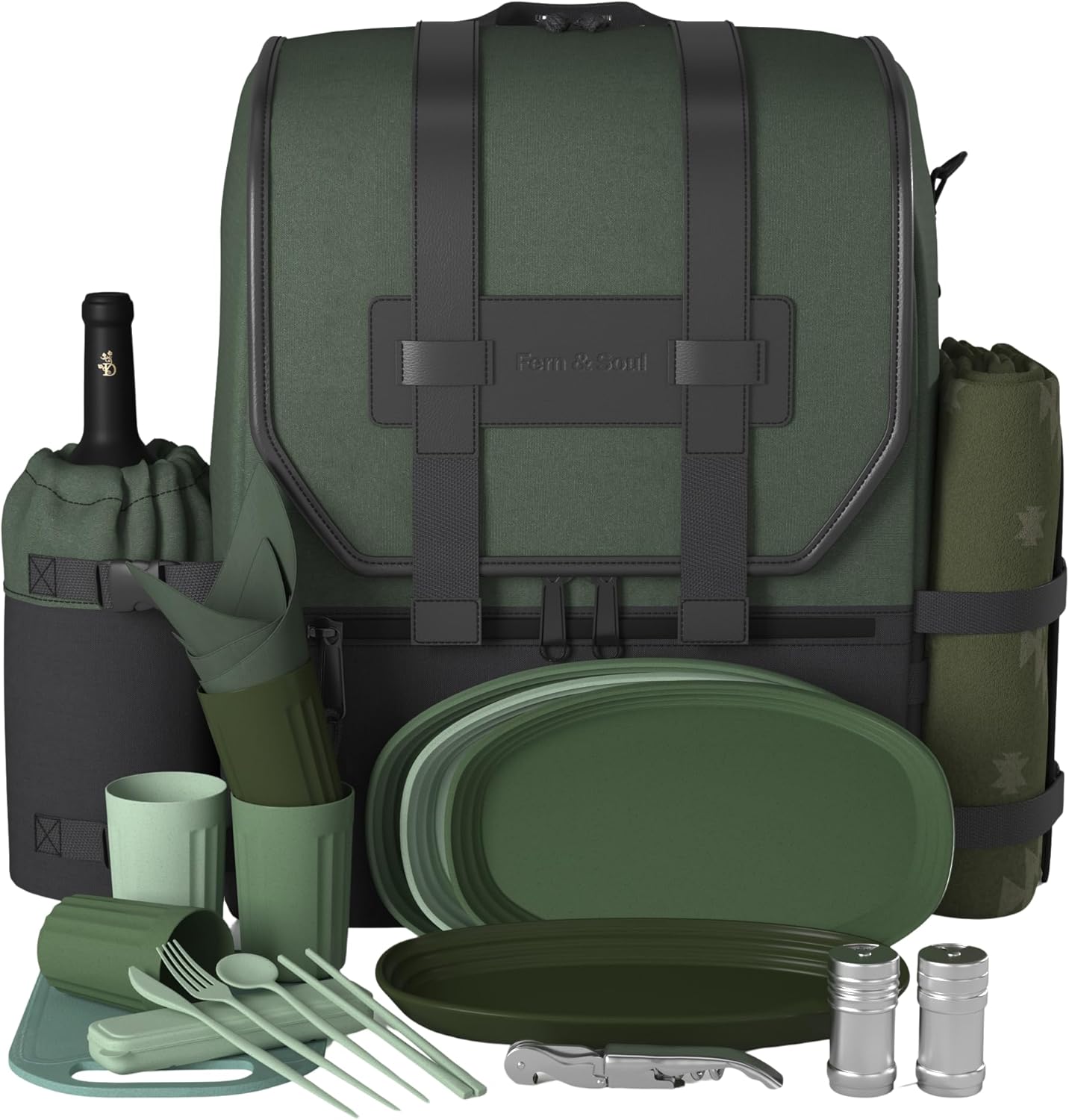 Fern & Soul - Picnic Backpack for 2 or 4, for Mom, Wife, Daughter. Modern Insulated Picnic Basket with Blanket, Wine Cooler (Fern and Moss)