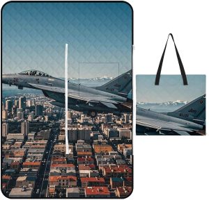 Fighter Jets Fly Over Cities Picnic Blanket with Zippered Tote Bag, Waterproof Portable Outdoor Blanket, Lightweight Foldable Outdoor Mat for Beach, Camping, Park, 150x100cm