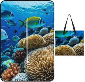 Fish Coral Reef Picnic Blanket with Zippered Tote Bag, Waterproof Portable Outdoor Blanket, Lightweight Foldable Outdoor Mat for Beach, Camping, Park, 150x100cm