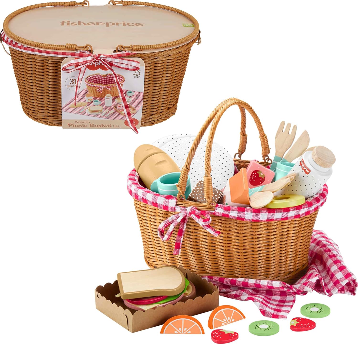 Fisher-Price Wood Pretend Play Toy Picnic Basket, 31-Piece Wooden Food Playset for Preschool Kids Ages 3+ Years