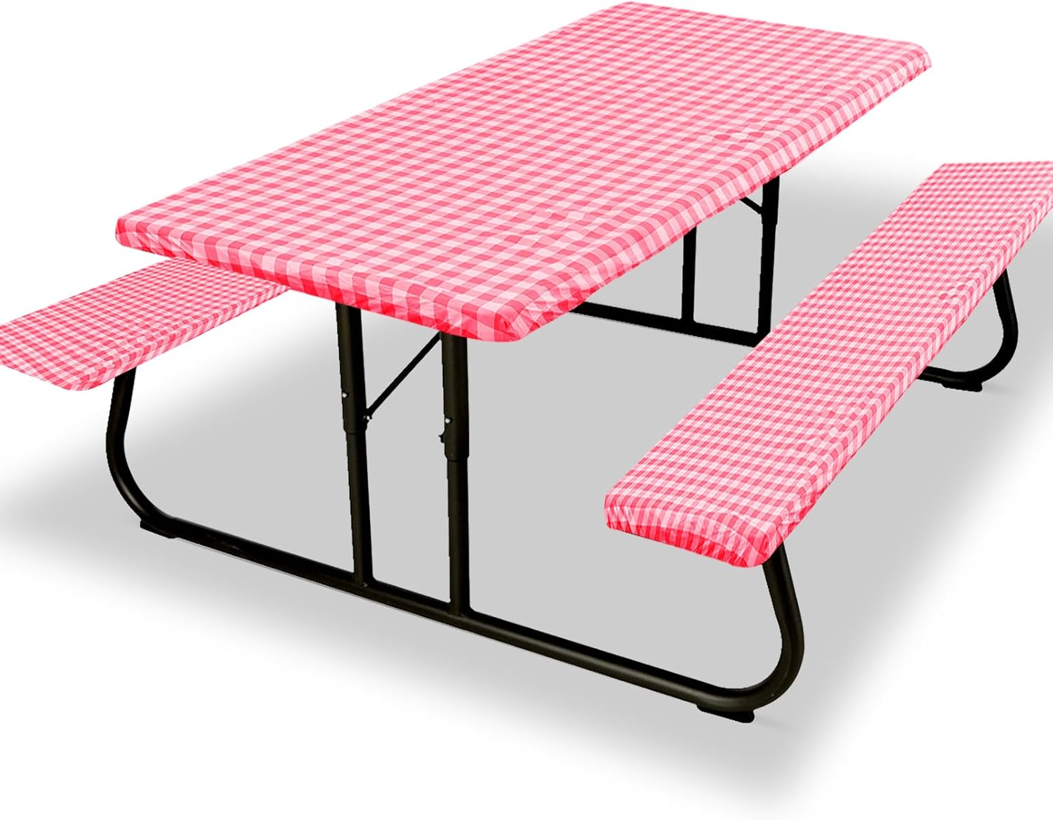 Fitted Picnic Table Cover with Bench Covers, 3 Pieces Waterproof Camping Picnic Tablecloth Cover with Elastic Edge for Indoor/Outdoor/Patio, 6ft Rectangular Vinyl Picnic Table Cover, Red and White