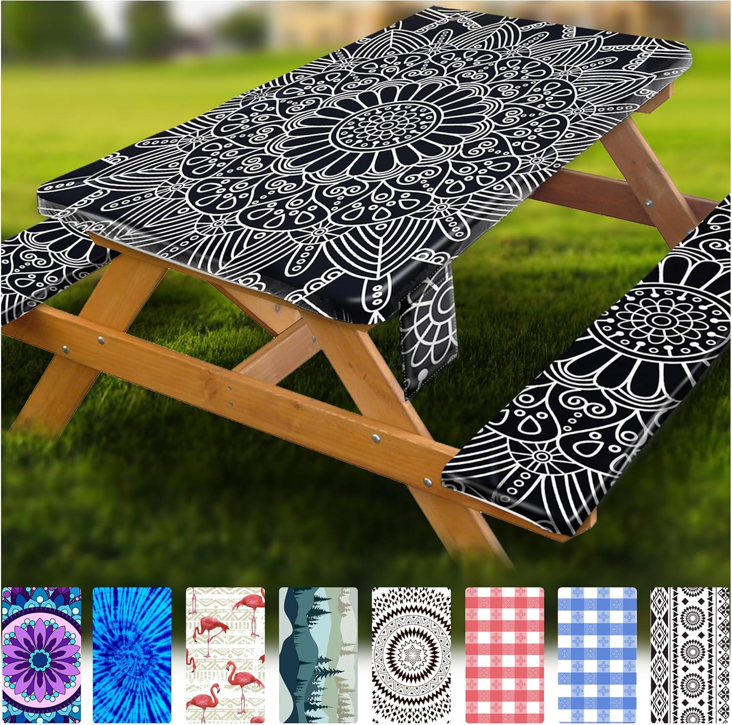 Fitted Picnic Table Cover with Bench Covers Vinyl Waterproof Elastic Edges Fitted Rectangle Tables Patio Tablecloth Camping Gear and Essentials Rv Accessories Road Trip Supplies Car Travel Must Haves